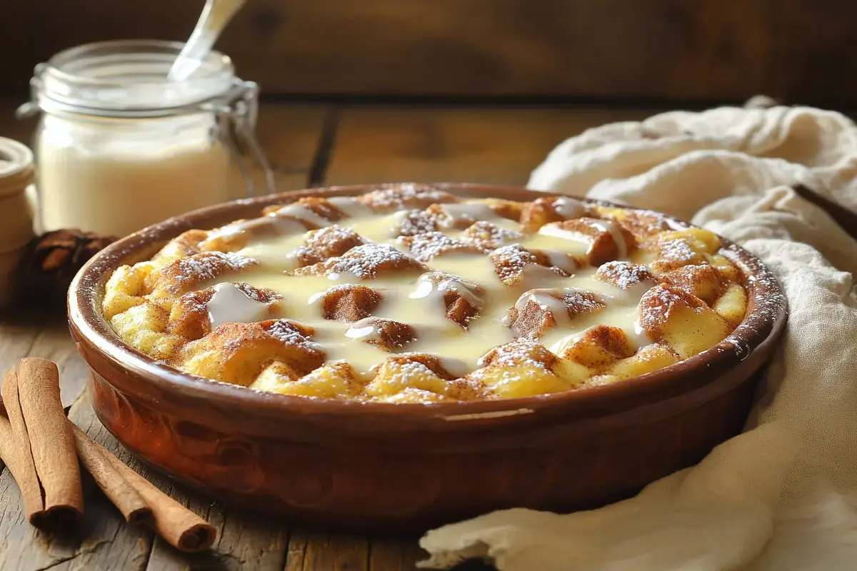 Cinnamon roll bread pudding in a rustic dish, drizzled with vanilla glaze.