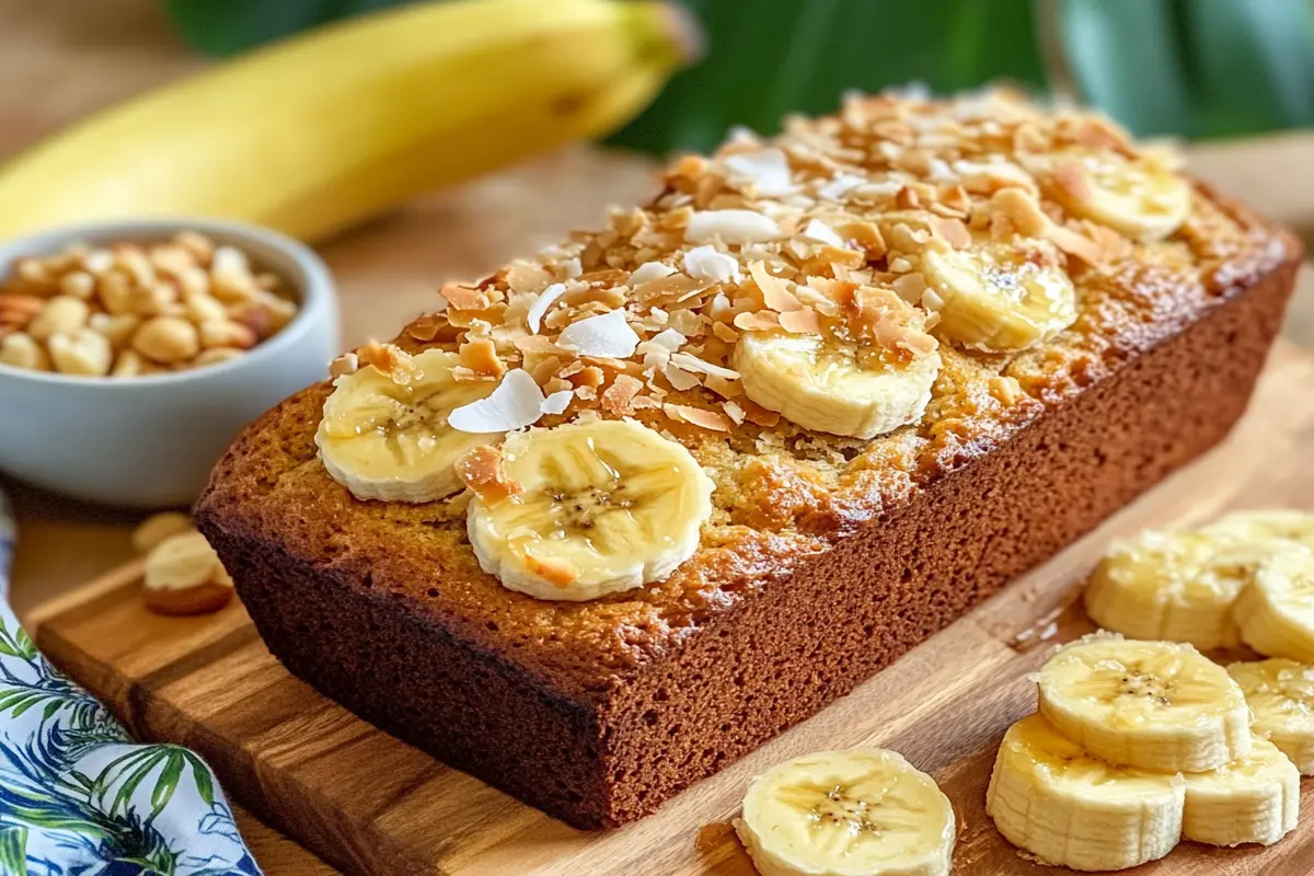 Freshly baked Hawaiian banana bread with pineapple and coconut garnishes.