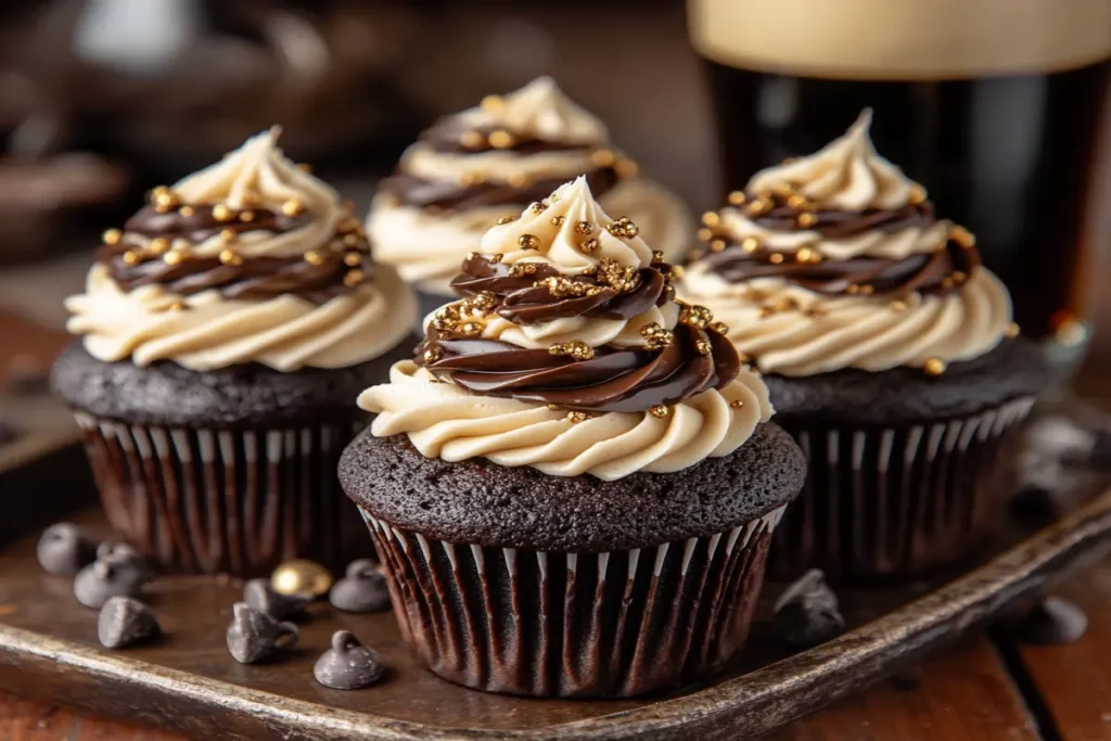 A tray of Irish Car Bomb cupcakes with chocolate frosting and Bailey's cream topping.