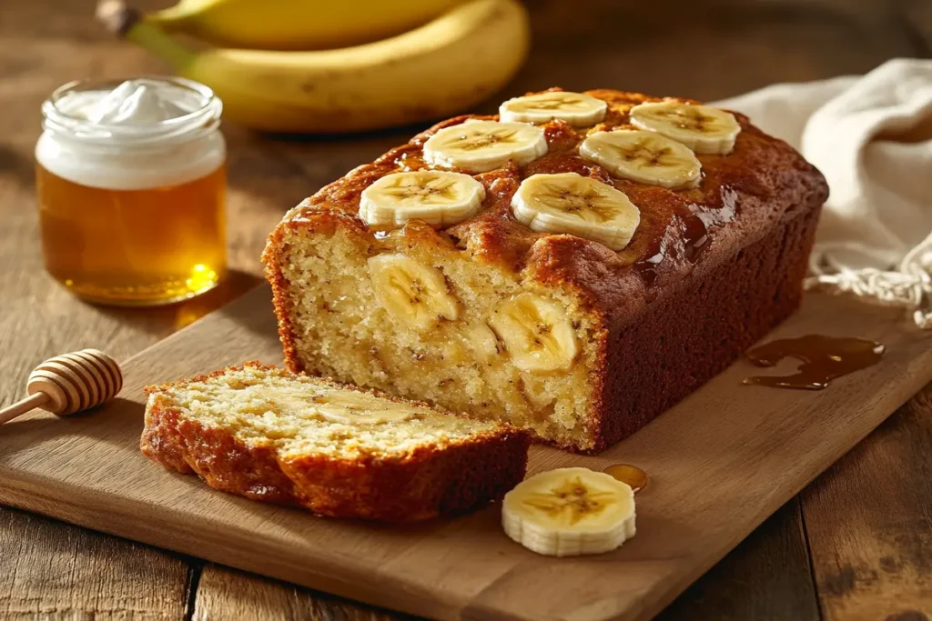 Moist banana bread made with FAGE yogurt on a wooden cutting board.