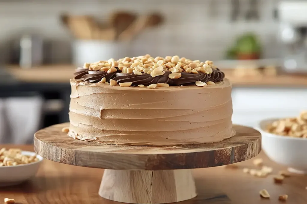 Whole peanut butter cake with chocolate frosting and crushed peanuts.