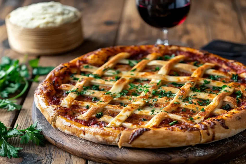 Freshly baked pizza rustica with golden crust on a rustic table.