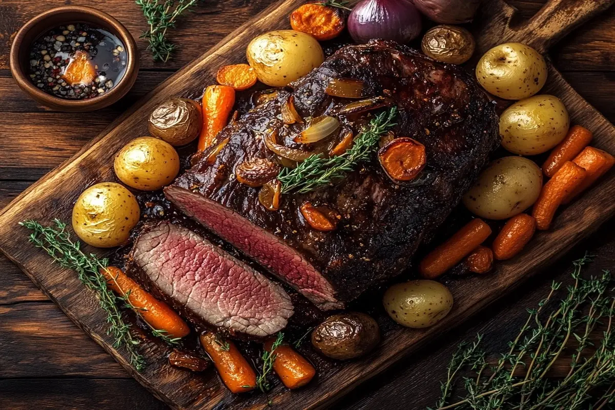 Preparing a sirloin tip roast with seasonings and a meat thermometer.