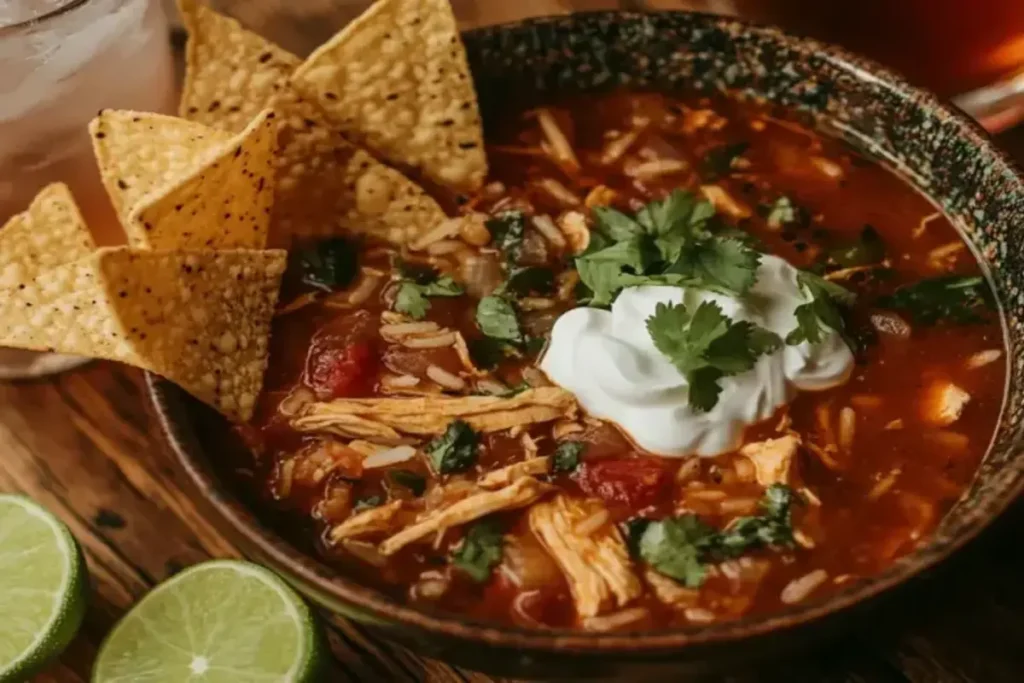 A bowl of Chopt Spicy Chicken Soup with Rice, garnished with cilantro and lime.
