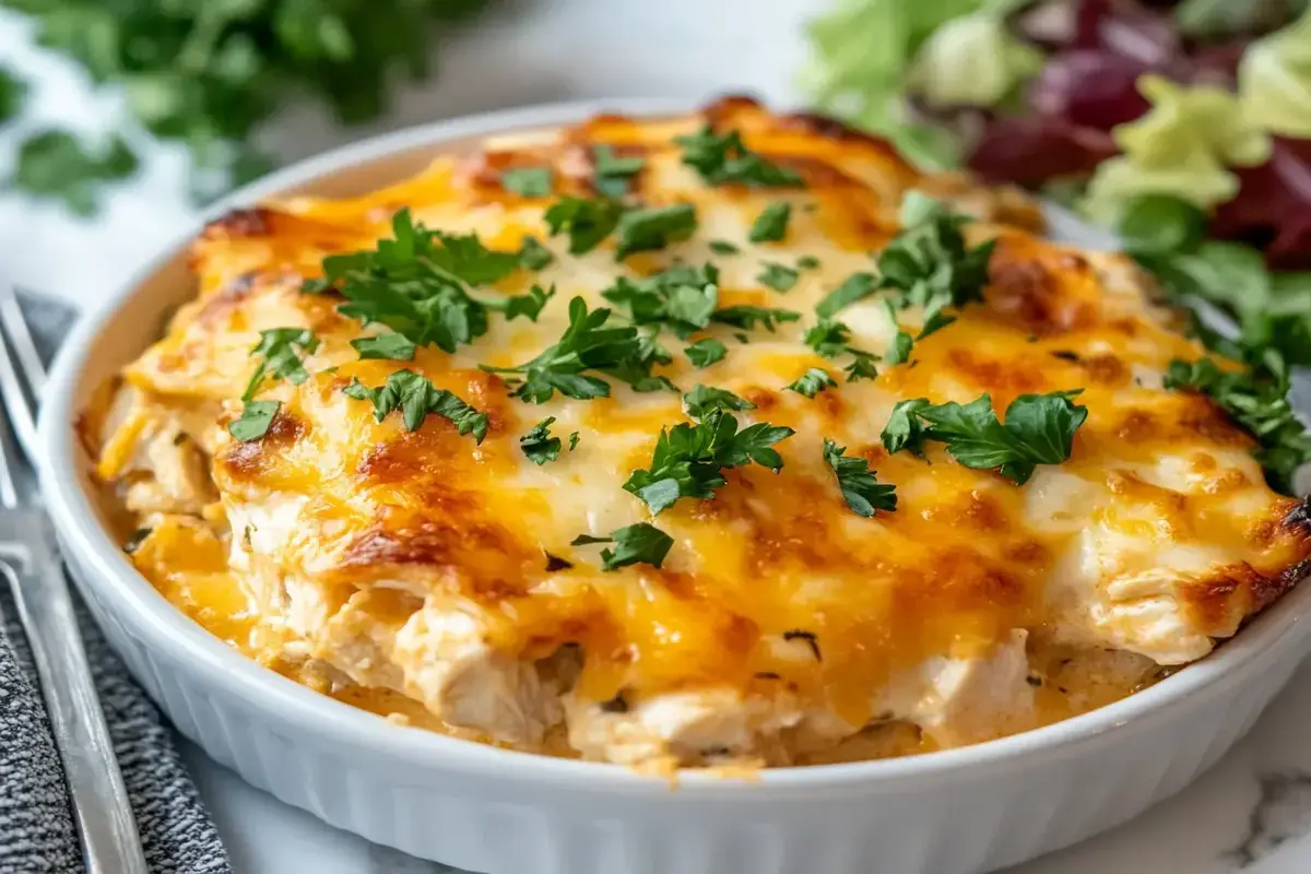 A variety of leftover rotisserie chicken recipes including a golden casserole, fresh salad, and hearty chicken soup, styled on a rustic wooden table.