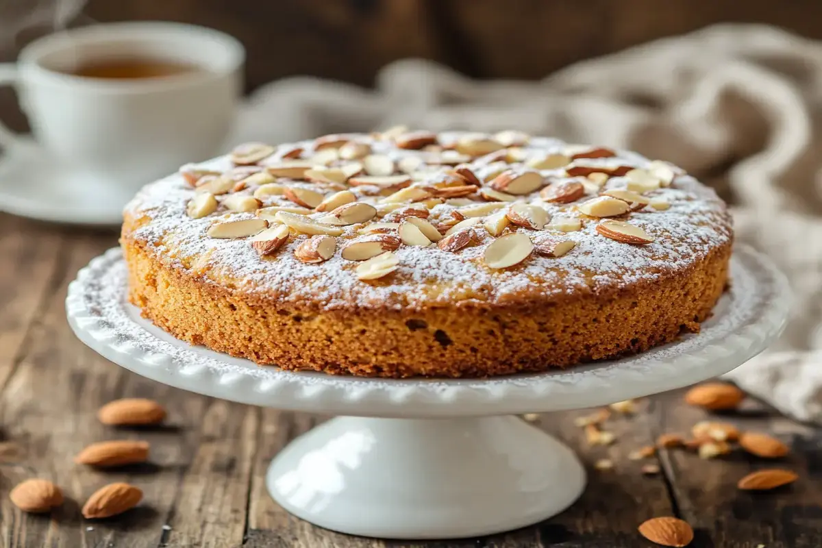 Almond nut cake topped with slivered almonds and powdered sugar.