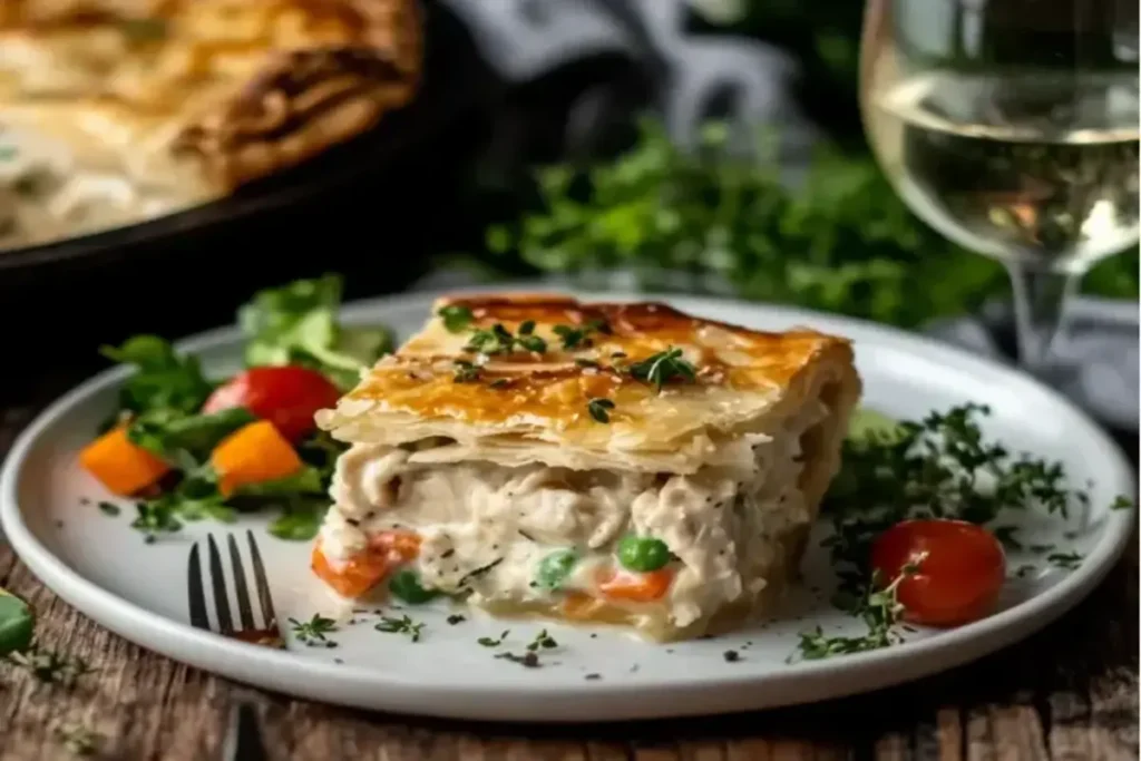Unbaked chicken pot pie being filled with creamy chicken and vegetable mixture