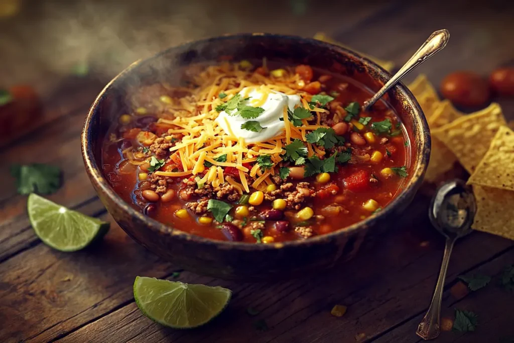 A bowl of taco soup topped with cheese, sour cream, and cilantro, served with tortilla chips.