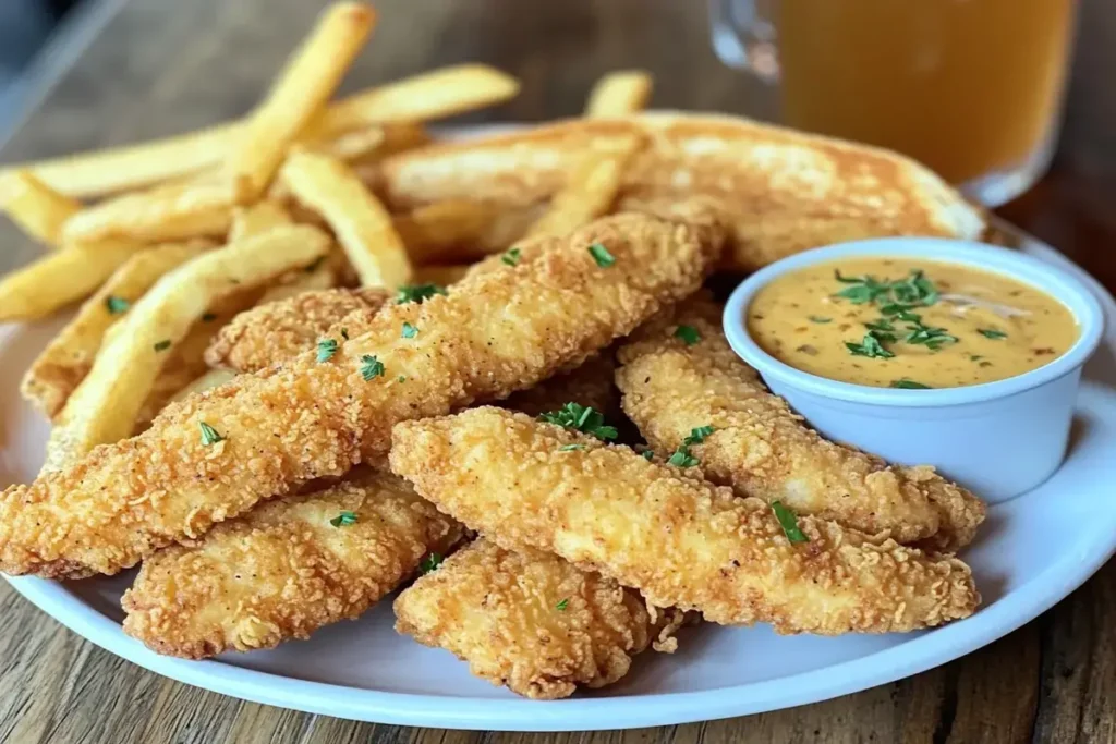 Plate of Cane’s Chicken Fingers with fries, Texas toast, and dipping sauce.