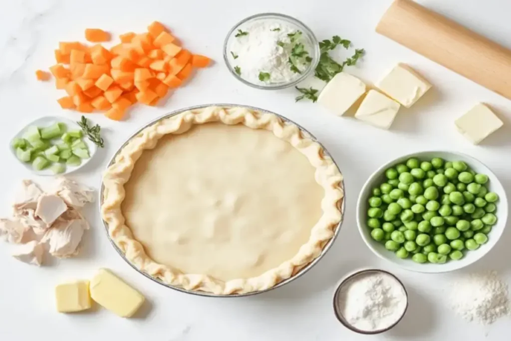  Chicken pot pie ingredients arranged neatly, including carrots, onions, chicken, and pastry dough.
