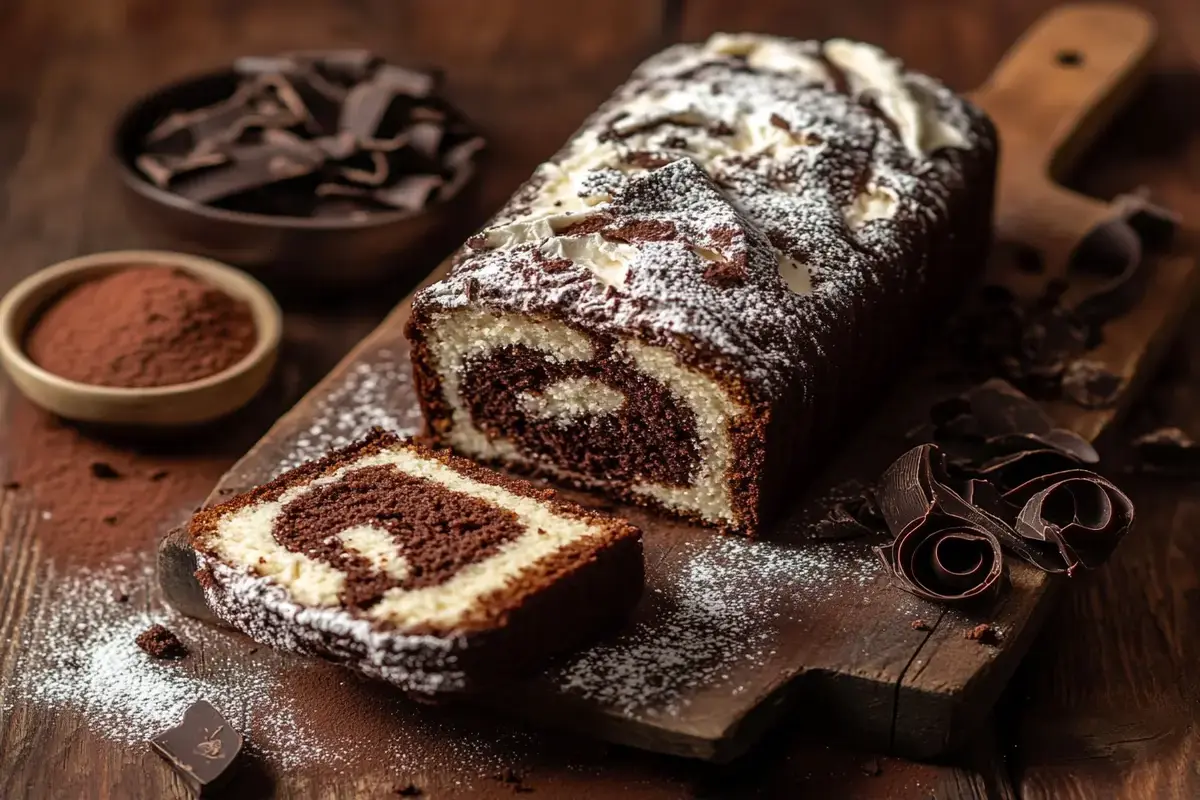 Sliced chocolate cream cheese pound cake dusted with powdered sugar.