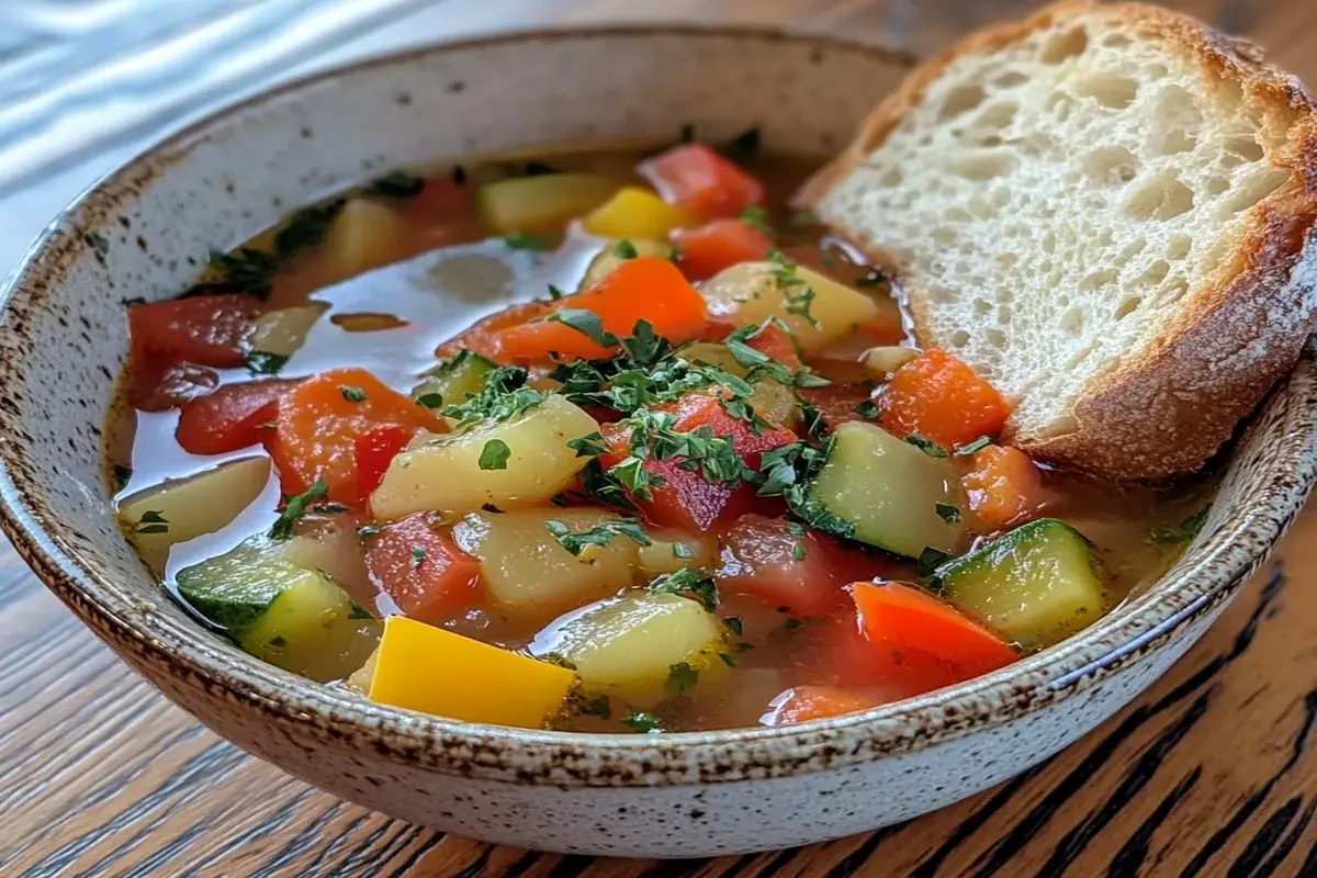 A bowl of Chopt Soup with fresh vegetables and a light broth.