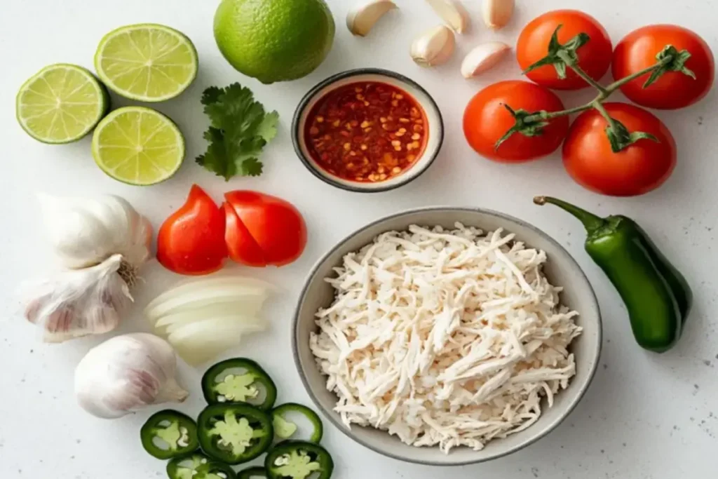 A pot of spicy chicken soup simmering on the stove, filled with shredded chicken and tomatoes.