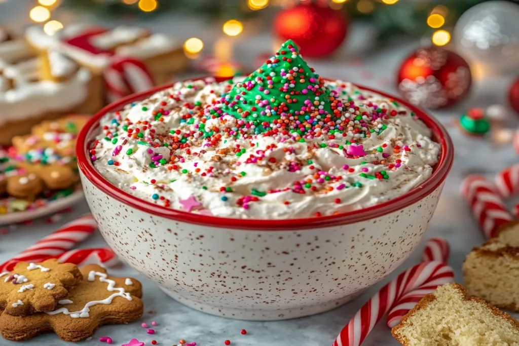 A bowl of Christmas tree cake dip surrounded by festive holiday treats.