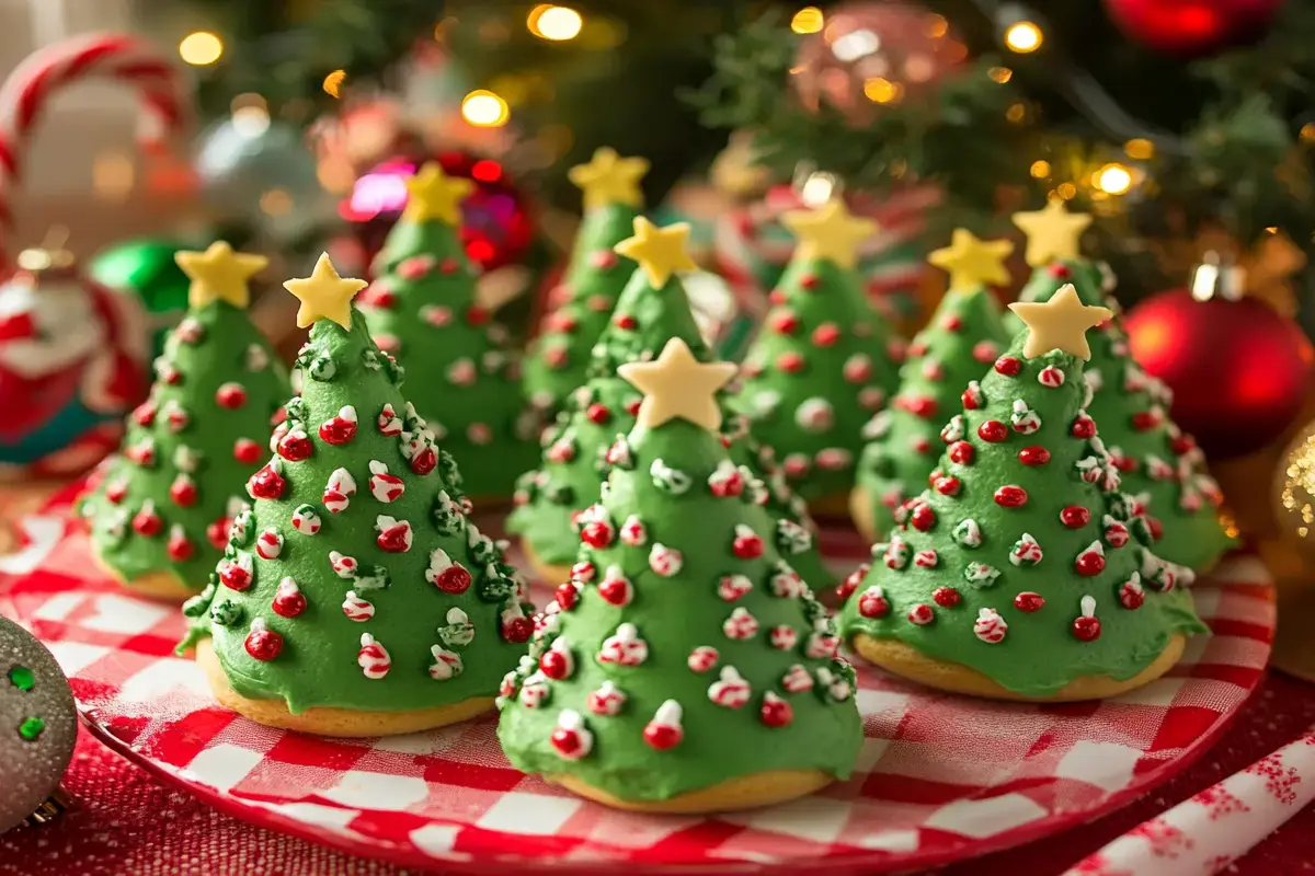 A festive platter of Christmas tree cakes decorated with green frosting and sprinkles.