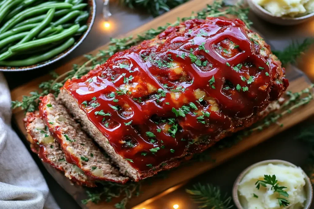 A sliced meatloaf topped with ketchup glaze and garnished with parsley.