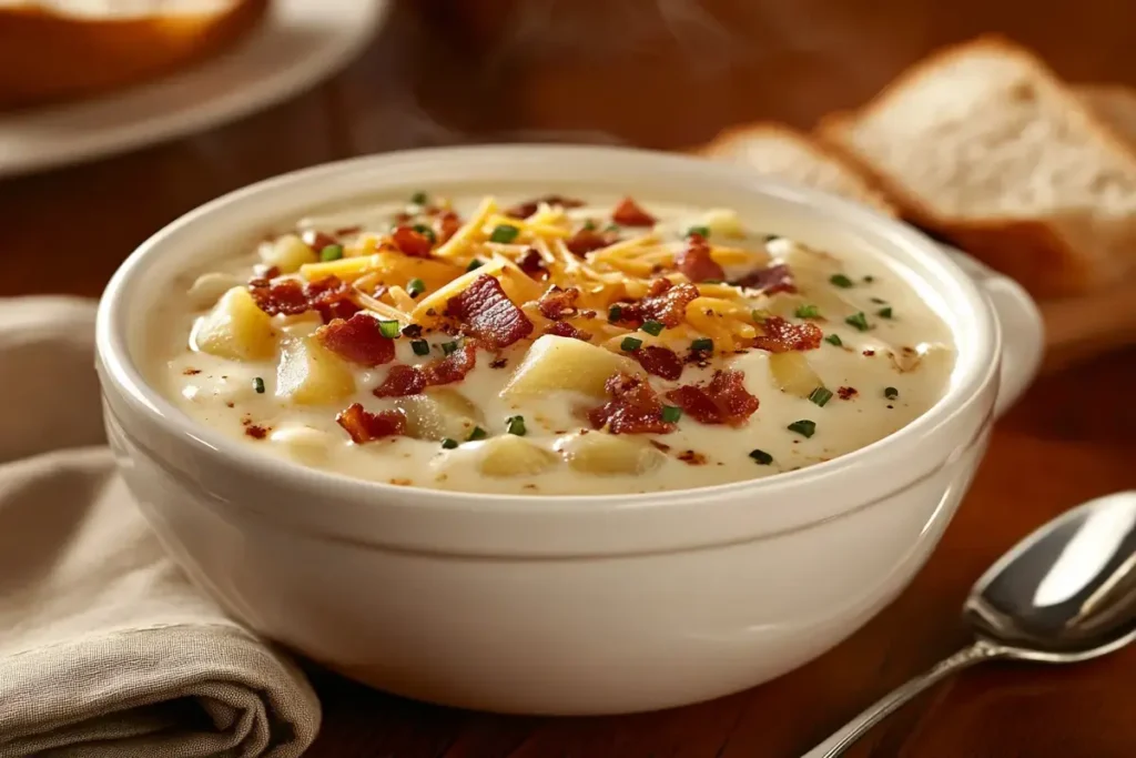 A bowl of creamy potato soup garnished with bacon, cheddar, and chives.