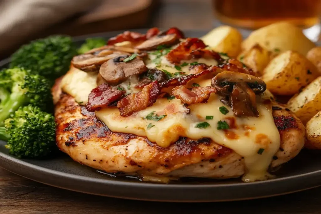 Alice Springs Chicken with melted cheese, bacon, and mushrooms, served with roasted potatoes and broccoli.