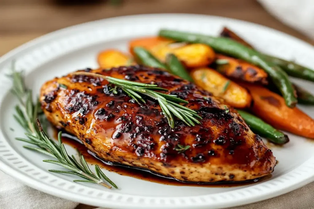 Balsamic chicken breast with a glossy glaze and roasted vegetables.