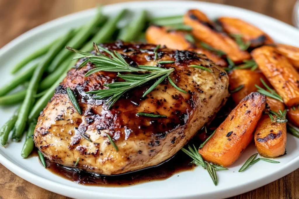 Balsamic chicken breast with a glossy glaze and roasted vegetables.