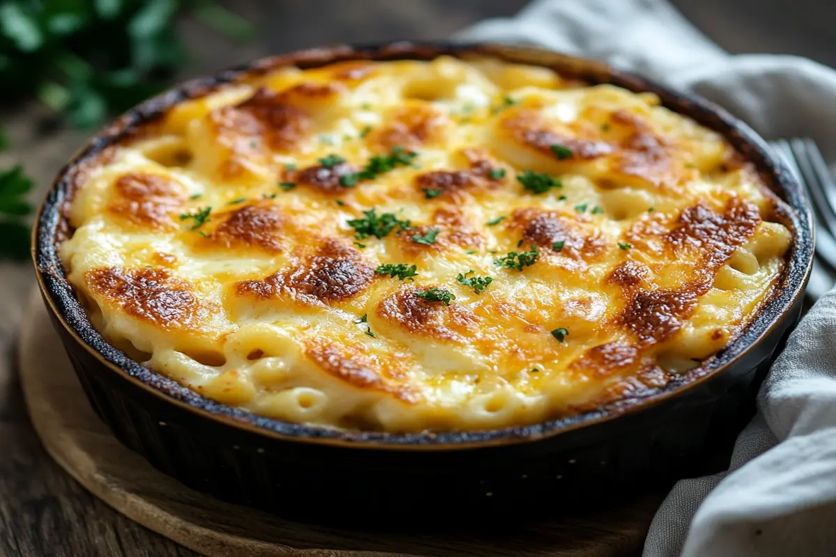 A bowl of Chick-fil-A mac and cheese with golden, melted cheese.