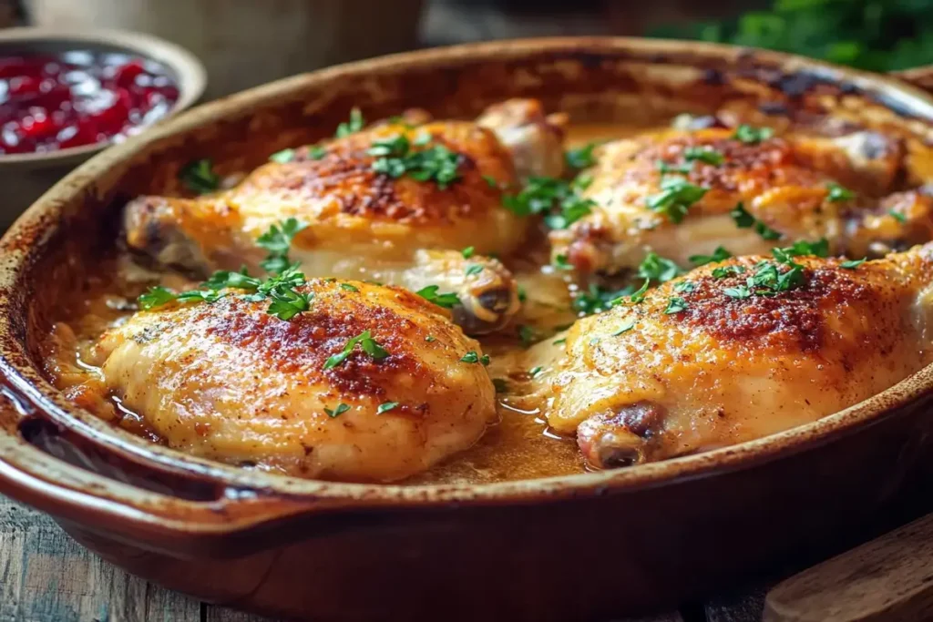 A casserole of golden-brown chicken dressing with parsley garnish.