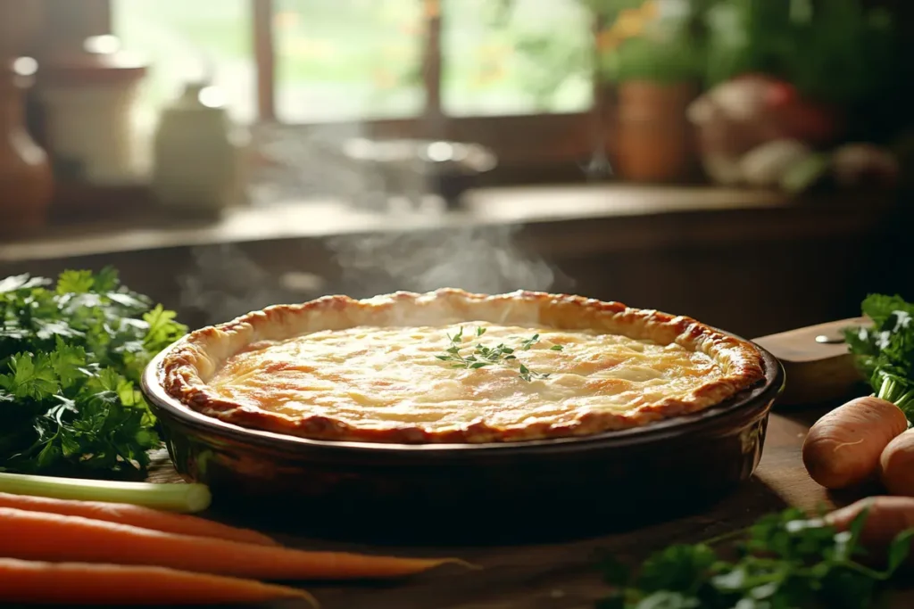 A freshly baked chicken pot pie with a golden crust.