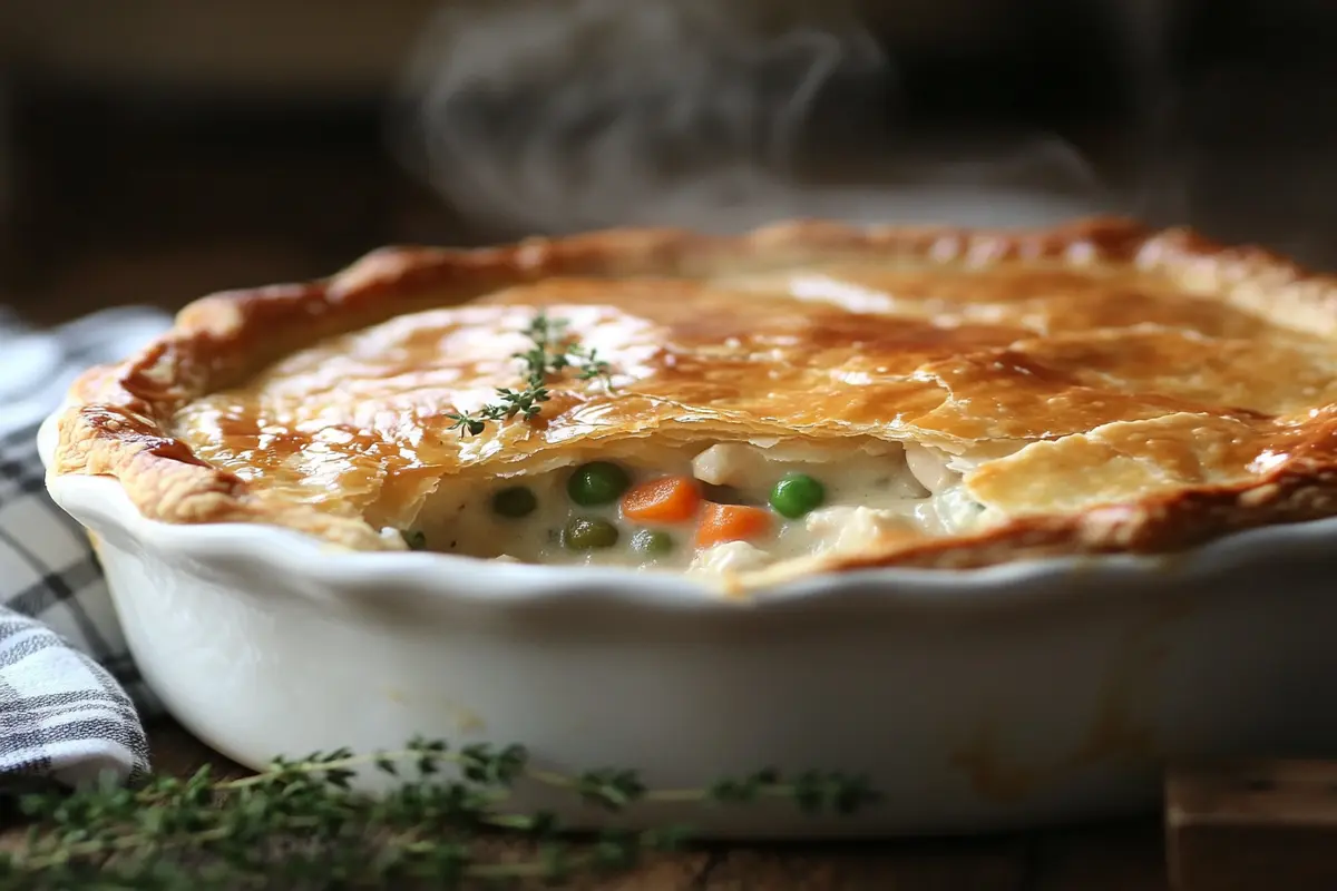 A freshly baked chicken pot pie with golden crust and creamy chicken filling.