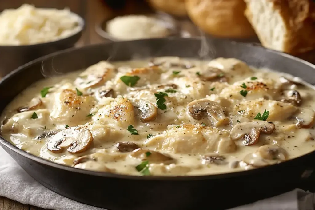 Creamy chicken and mushroom dish in a skillet, garnished with parsley.