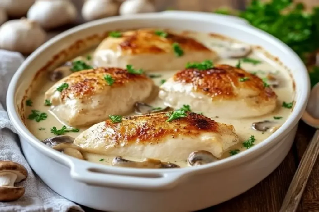 Chicken breasts in creamy mushroom soup sauce garnished with parsley.