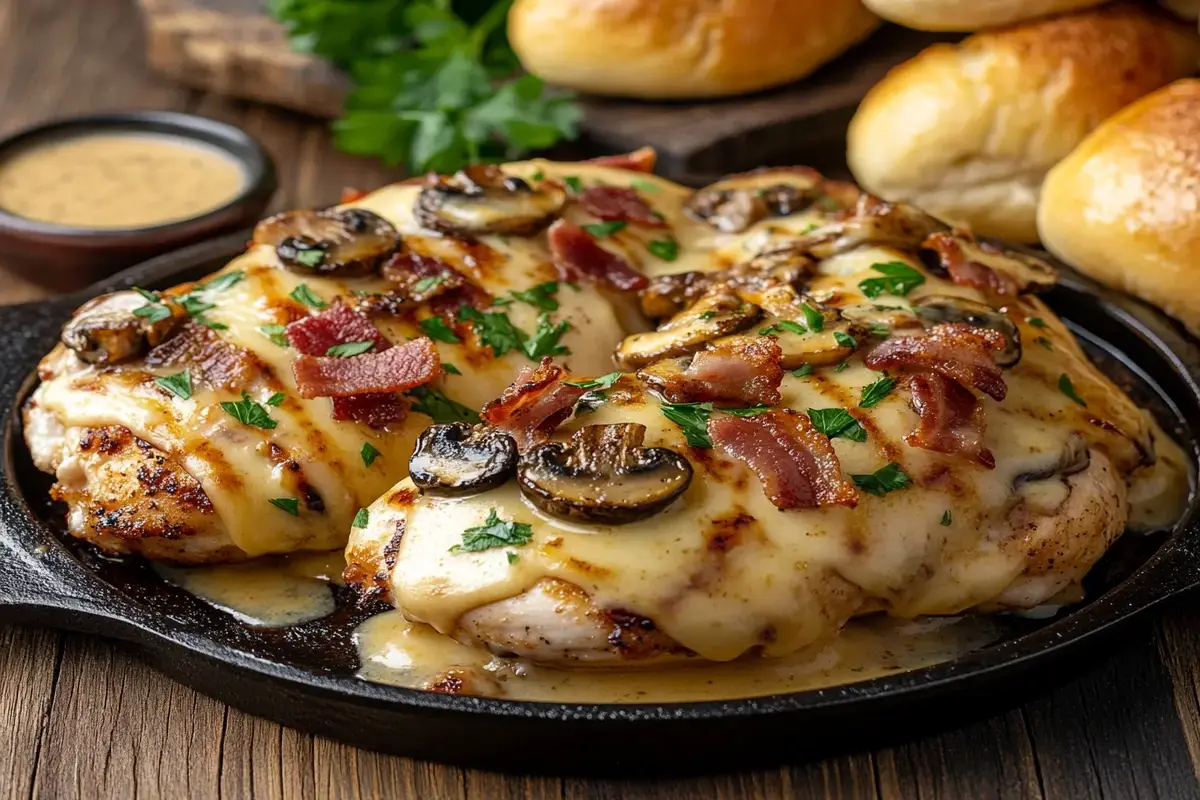 A plate of Alice Springs Chicken with cheese, bacon, and mushrooms.