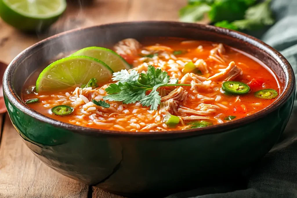 A bowl of Chopt Spicy Chicken Soup with Rice garnished with cilantro and lime.