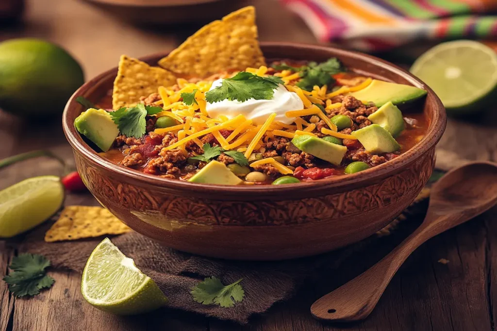 A bowl of taco soup topped with cheese, sour cream, avocado, and cilantro.