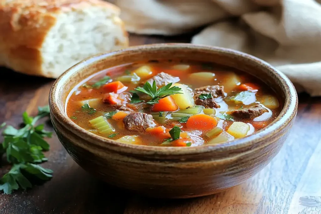 A bowl of hearty vegetable beef soup with crusty bread on the side.