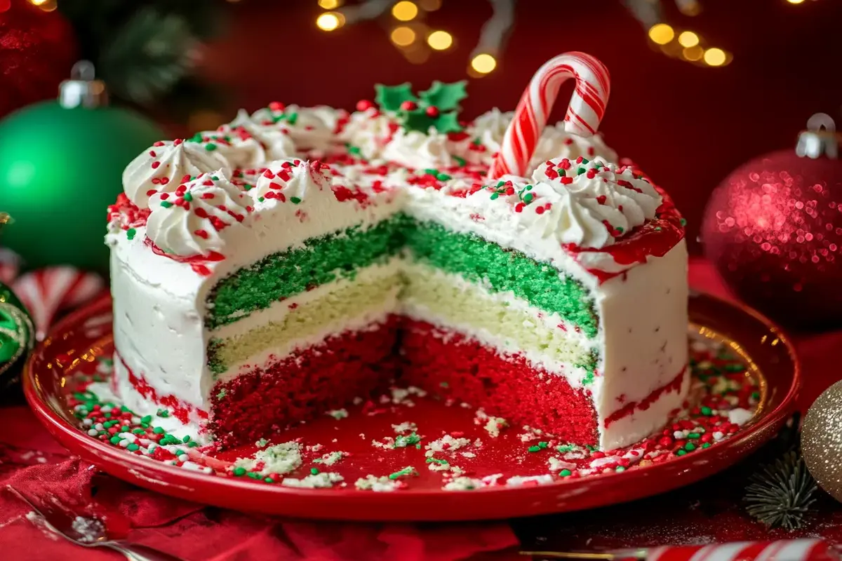 A festive Christmas poke cake topped with whipped cream and holiday sprinkles.