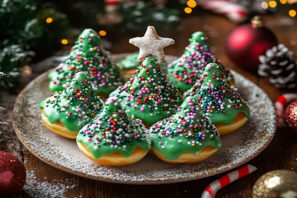 Christmas tree-shaped cake donuts with festive decorations.