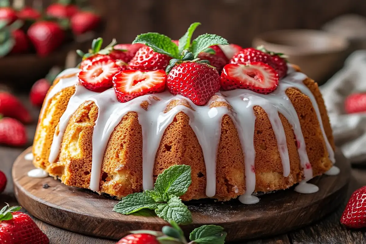 A freshly baked strawberry pound cake drizzled with glaze, topped with fresh strawberries, and styled on a wooden board.