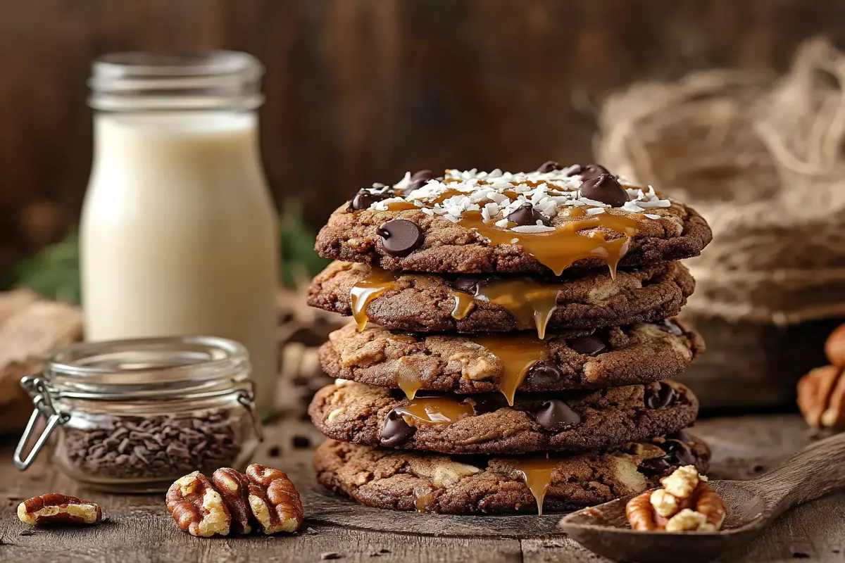 A stack of German chocolate cookies topped with caramel, coconut, and pecans.