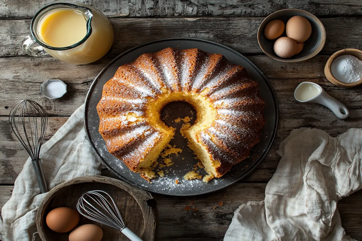 A whole crack cake with a golden glaze and a slice cut out to reveal the moist interior.