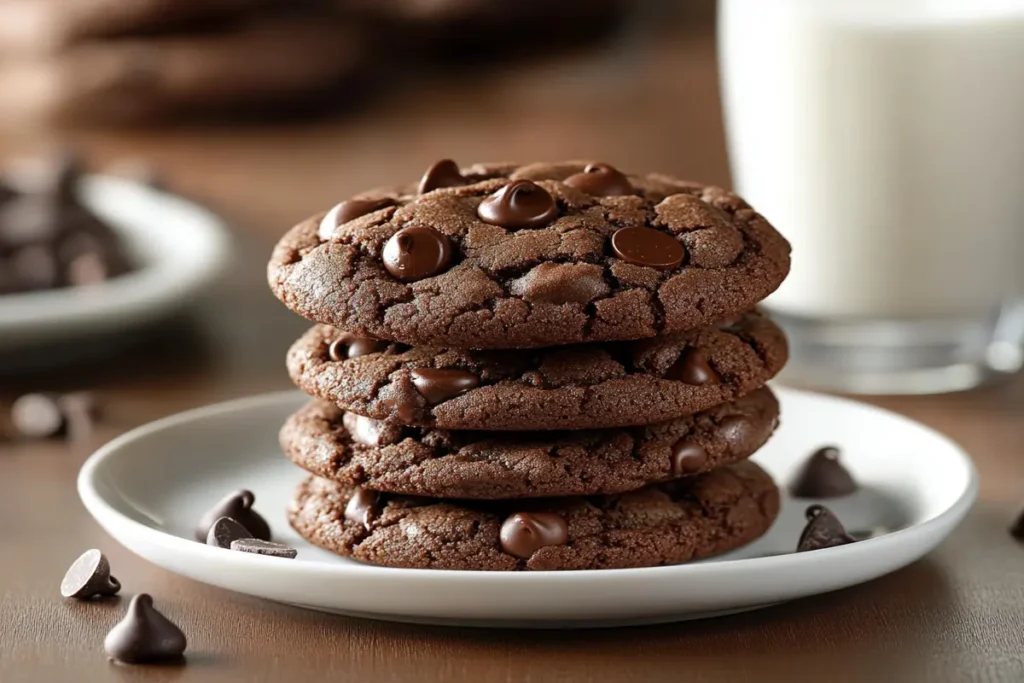 A stack of freshly baked brownie mix cookies on a white plate.