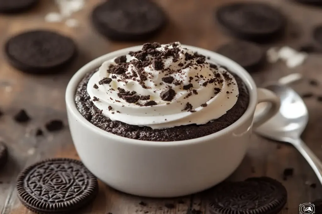 Oreo mug cake in a white mug topped with whipped cream and crushed Oreos.