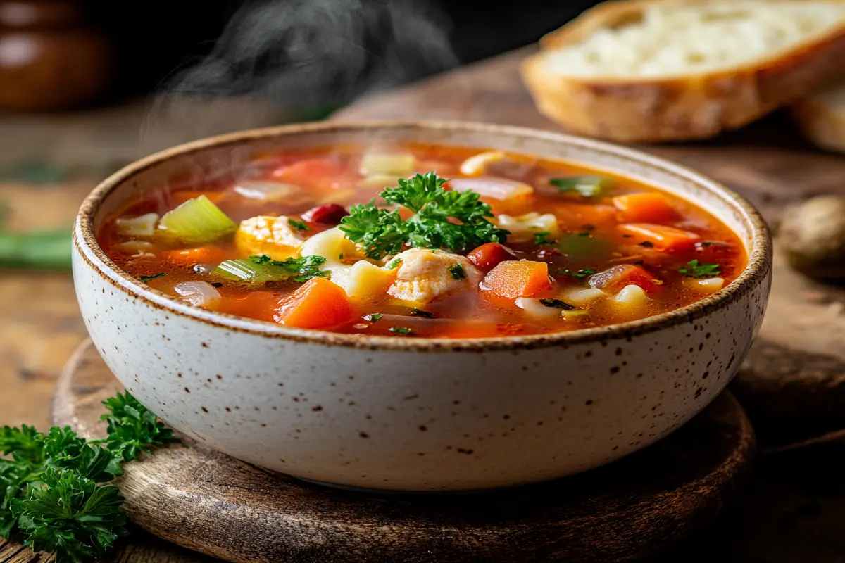 A bowl of Busy Day Soup with vegetables, chicken, and noodles.