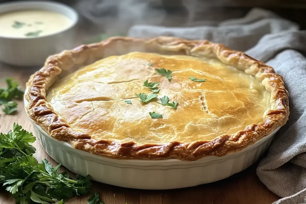 A golden-brown chicken pot pie with a flaky crust, served in a baking dish with a creamy filling of chicken, vegetables, and cream of chicken soup