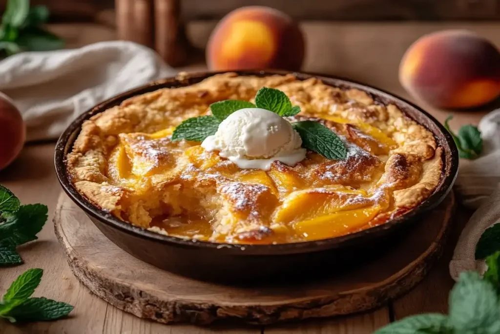 Peach cobbler with golden cake mix crust in a cast-iron skillet topped with vanilla ice cream.