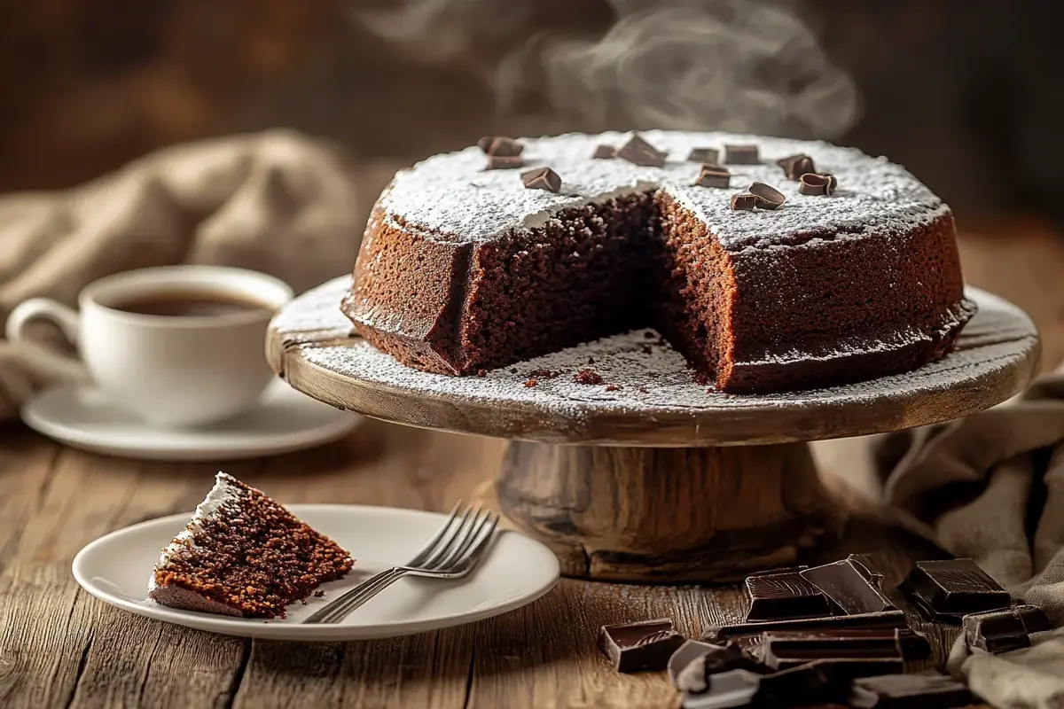 A whole chocolate pound cake on a cake stand with a slice served on a plate.