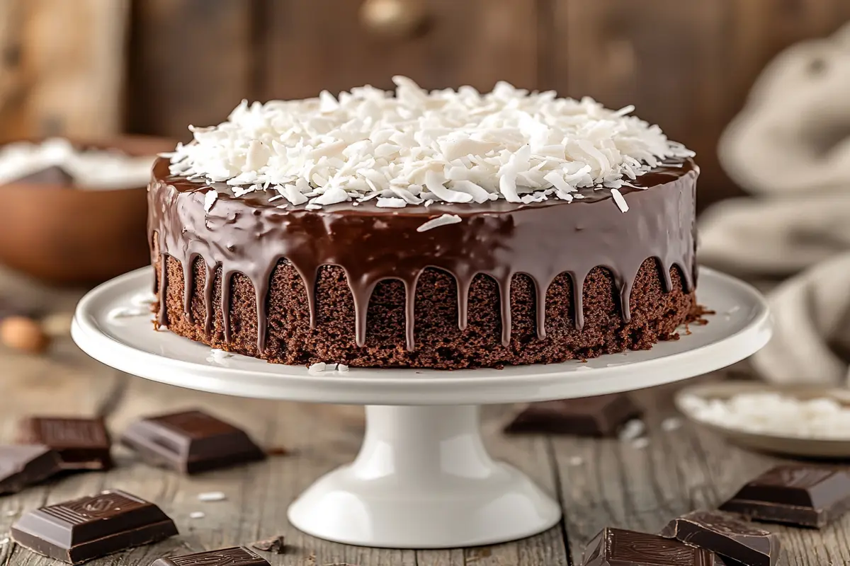 A whole Mounds cake topped with chocolate ganache and shredded coconut.