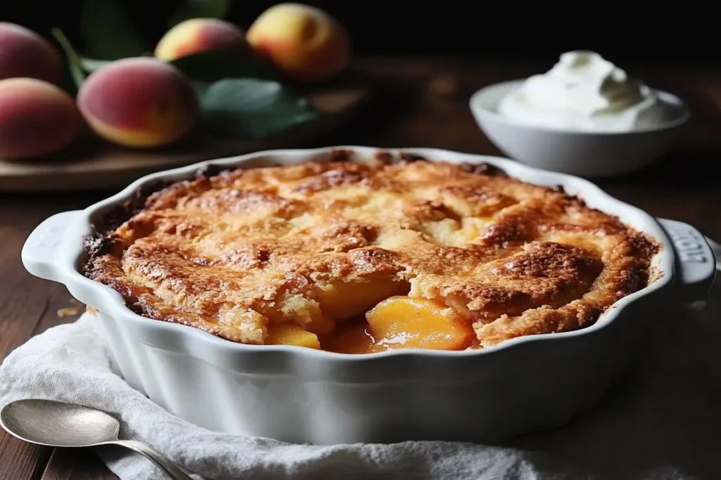 A freshly baked peach cobbler with a golden-brown cake mix crust.