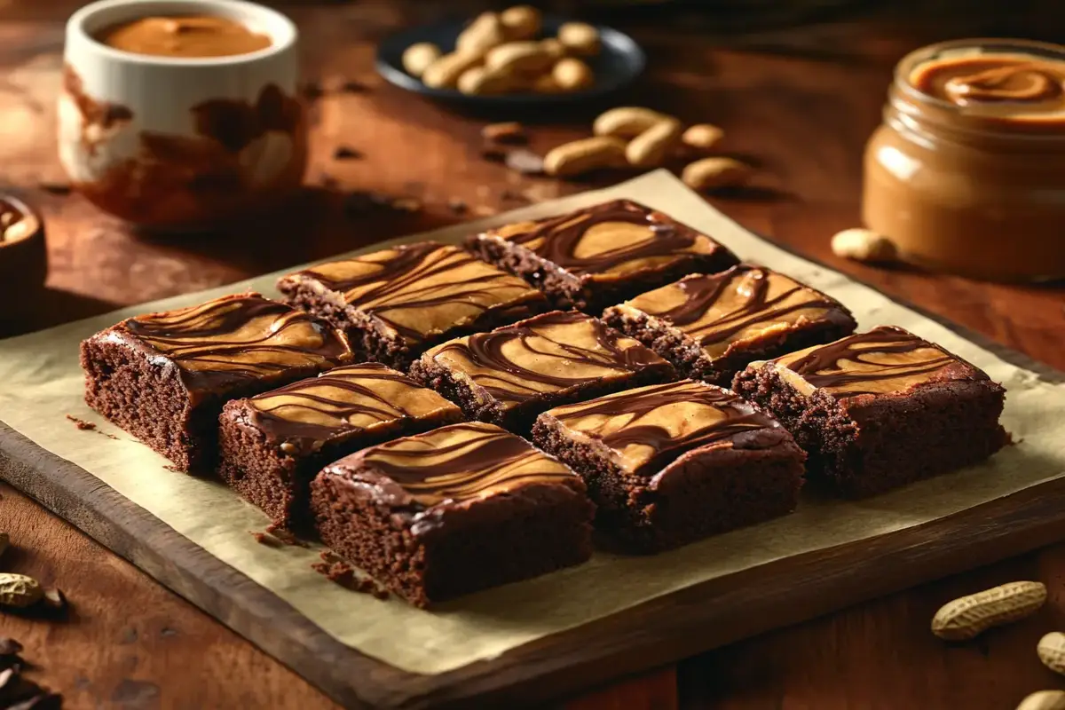 A tray of freshly baked peanut butter brownies with a chocolate and peanut butter swirl.