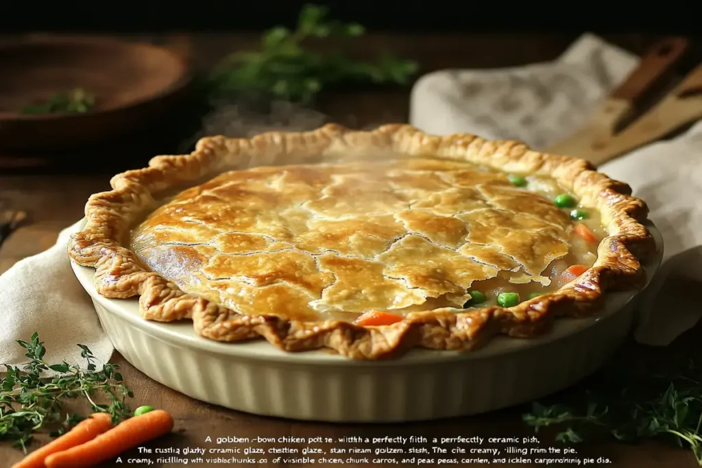 A golden-brown chicken pot pie with steam rising from the crust.