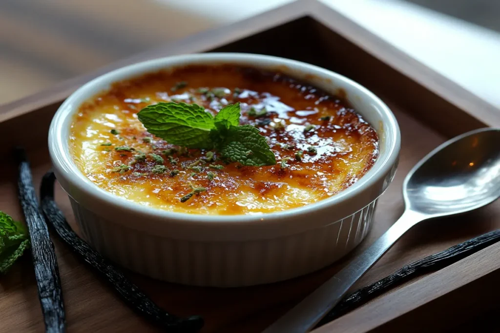 A golden-torched crème brûlée served in a white ramekin.